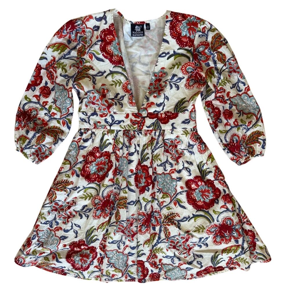 Madison Matthews White & Red Indian Floral Block Print Paisley Knee Boho Dress